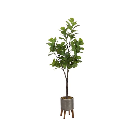 Kate and Laurel Fidmont 6ft. Faux Fiddle Fig Tree in Gavri Wood Footed Planter